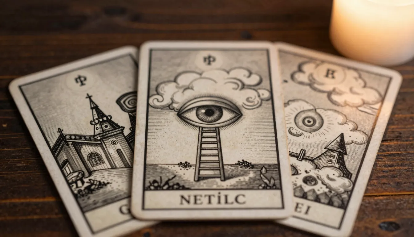 Close-up of three antique oracle cards lying on a dark woode...