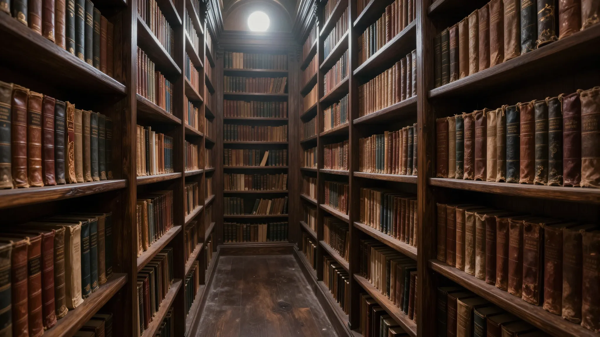 An endless, labyrinthine library with towering dark wood she...