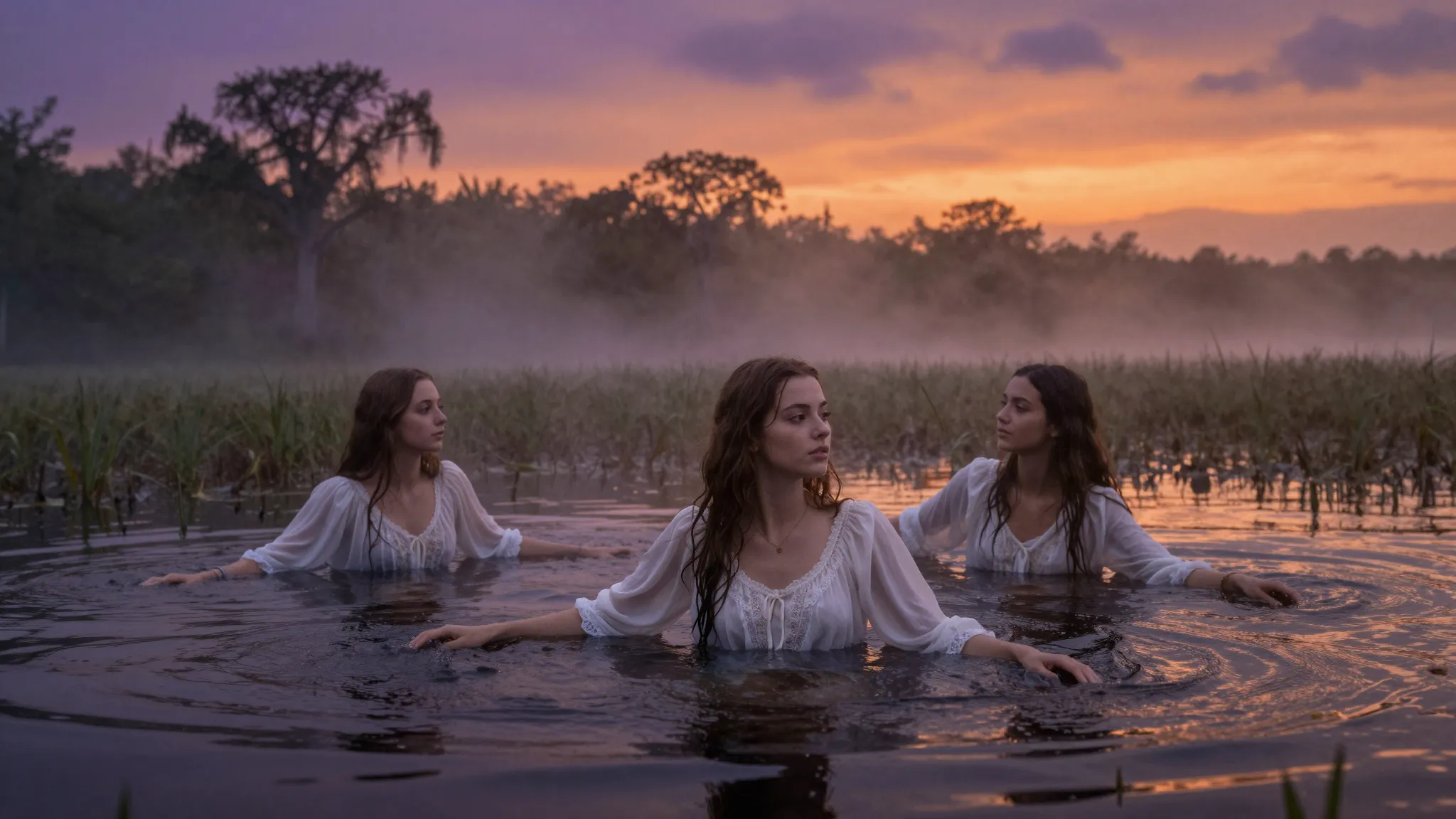 Atmospheric photography, young women in white vintage shirts...