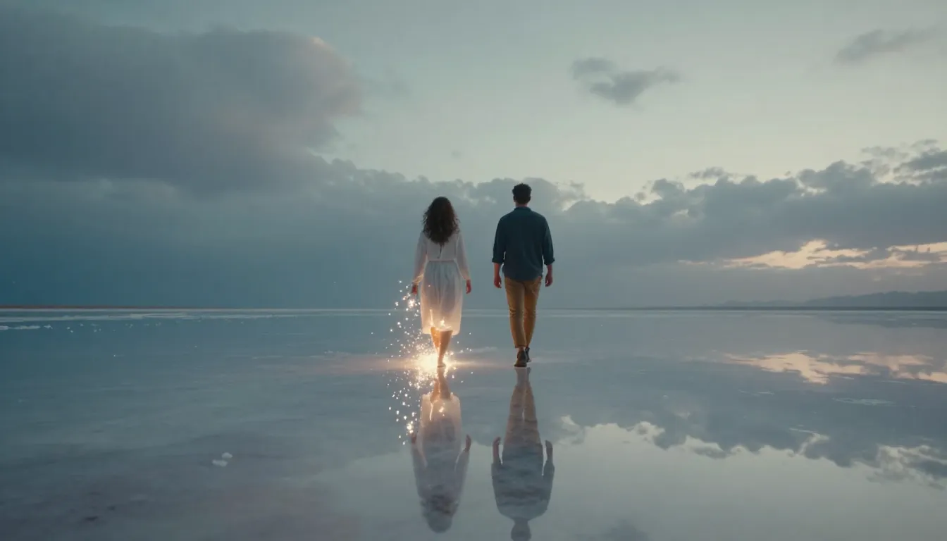 Cinematic wide shot, low angle, couple walking on a mirror s...