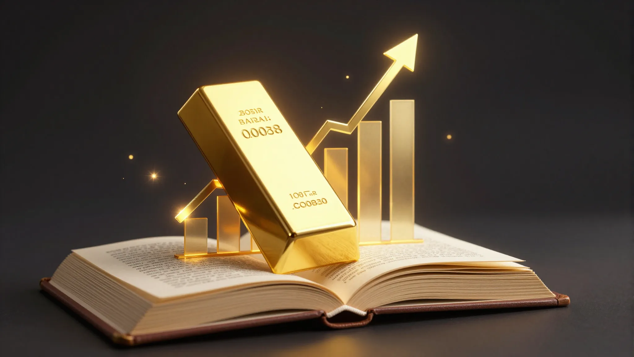 A golden bar chart growing out of a mystical book, glowing y...