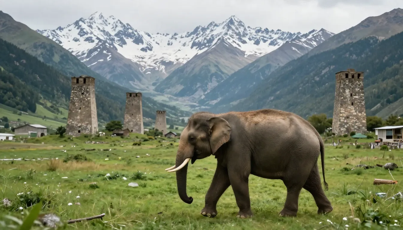 An Asian elephant walking through a scenic Georgian valley w...