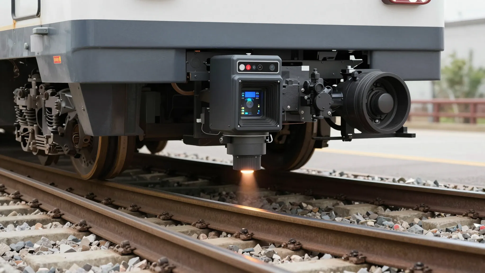 Close-up of a high-tech laser sensor mounted on a train unde...
