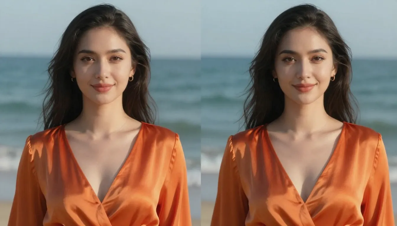 A beautiful woman with a gentle subtle smile, identical face...