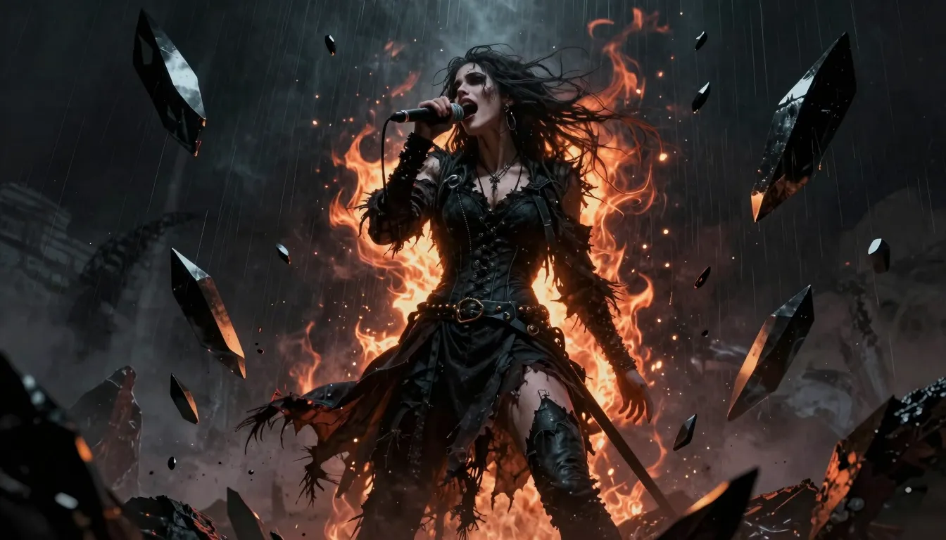 Dark gothic fantasy illustration, a passionate rock singer w...