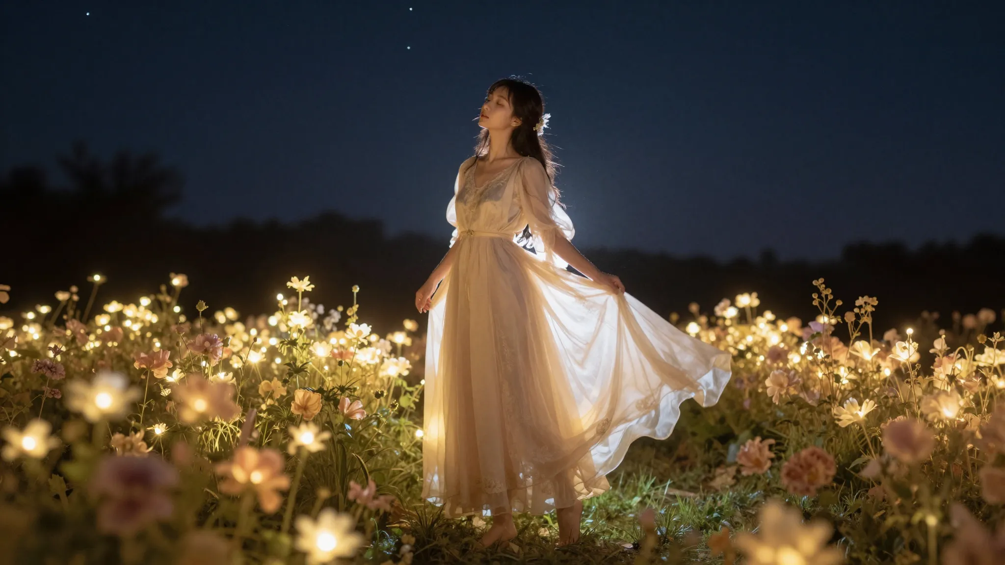 A romantic and ethereal scene of a woman in a flowing dress ...