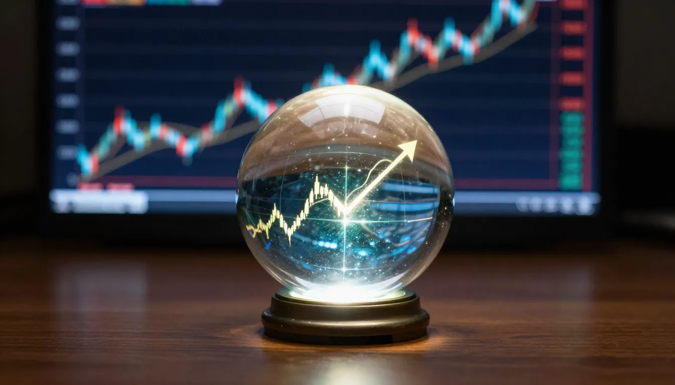A glowing crystal ball on a wooden desk reflecting a stock m...