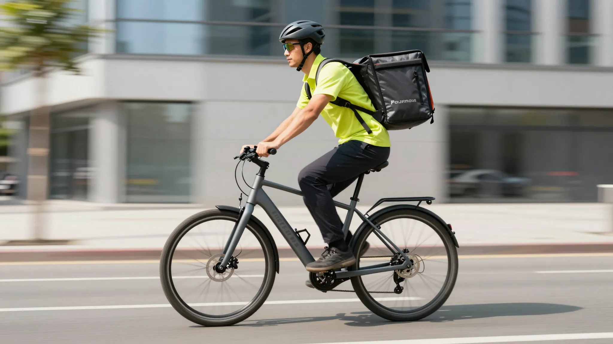 A professional courier riding a brand new electric bicycle i...