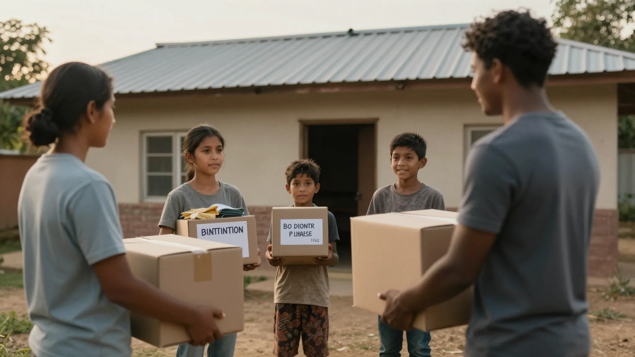 A heartwarming scene of people bringing boxes of donations t...