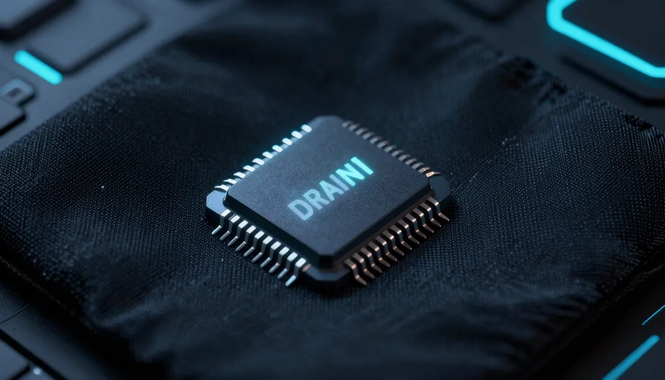 A close-up of a high-tech fabric with a glowing embedded mic...