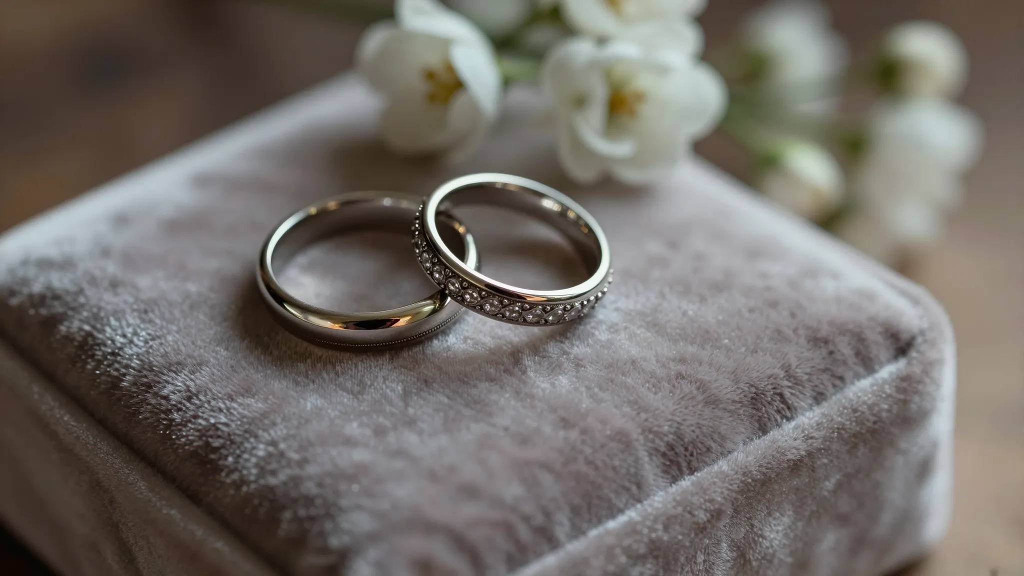 Two elegant traditional wedding rings on a velvet cushion wi...