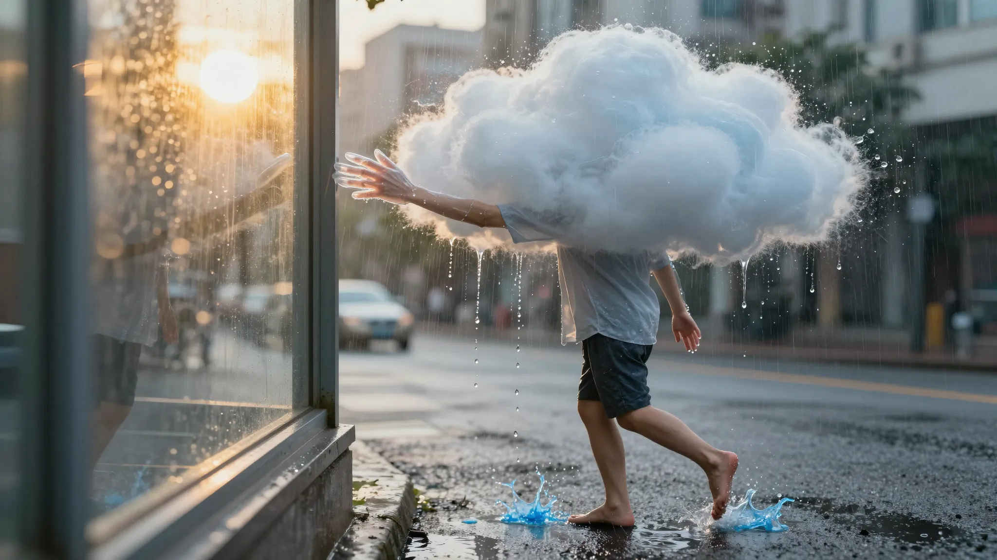 The moment the rain arrives. A personified rain cloud with t...