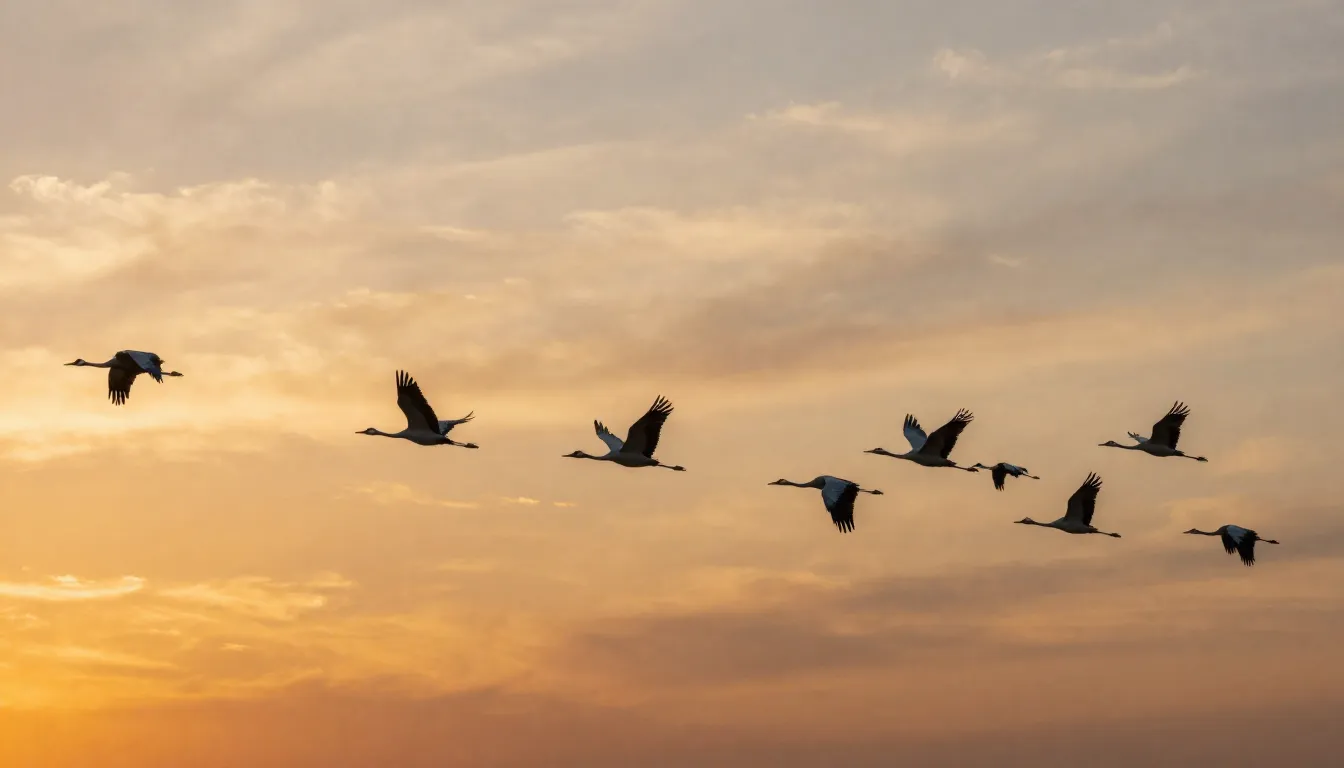 A majestic flock of cranes flying across a golden sunset sky...