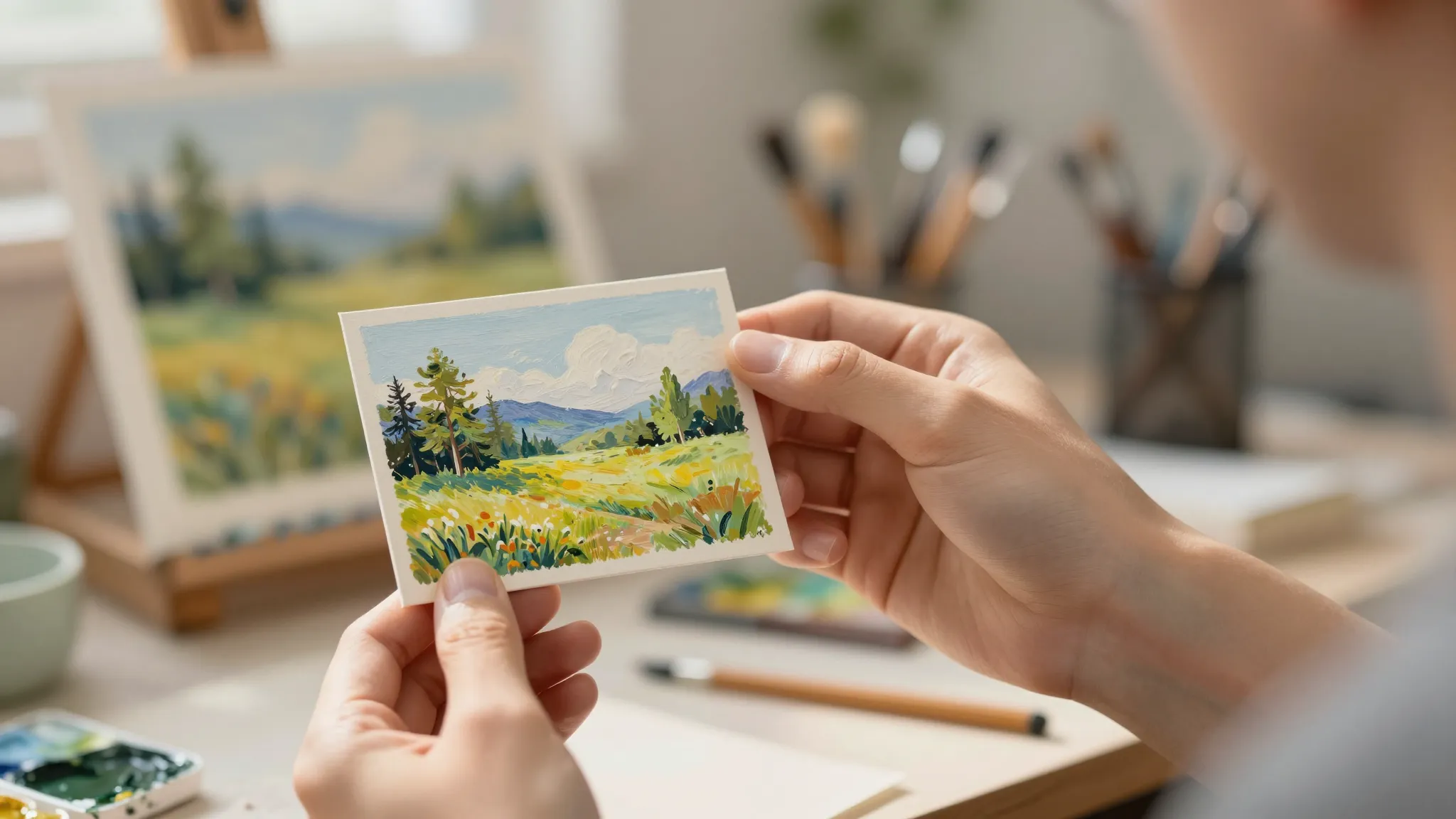 A professional artist's hand holding a tiny, detailed miniat...