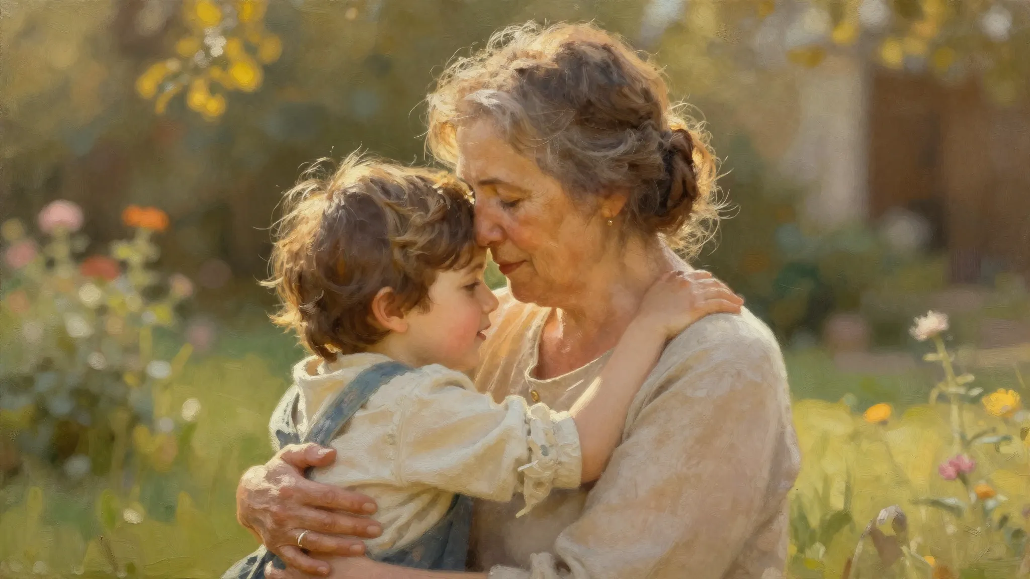 A warm, emotional oil painting of an elderly mother and an a...