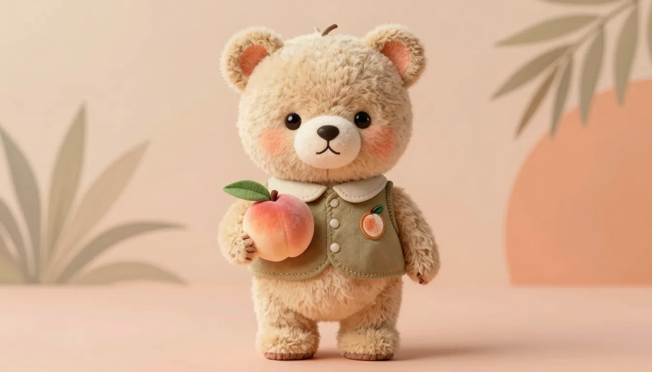 A charming, vintage-style plush bear mascot for a brand. The...