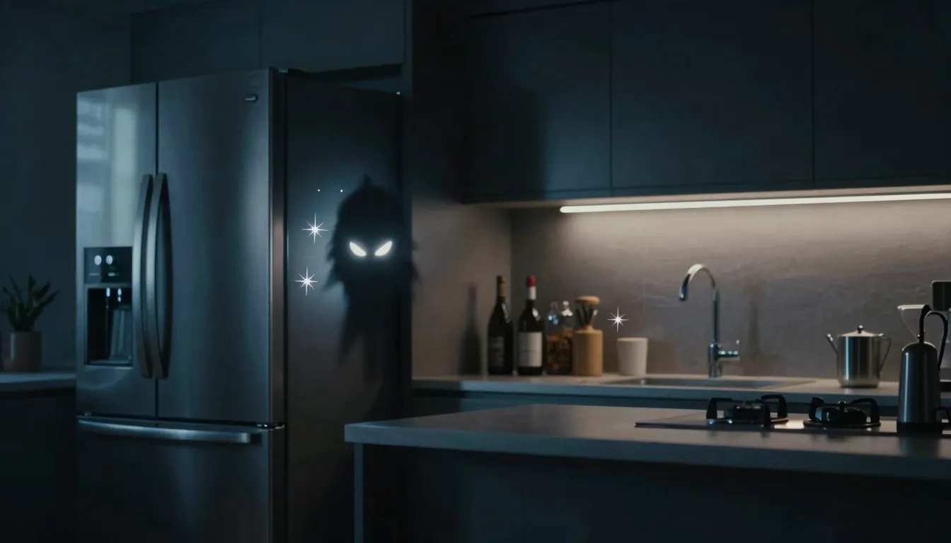 Cinematic shot of a dark modern kitchen at night, a small my...