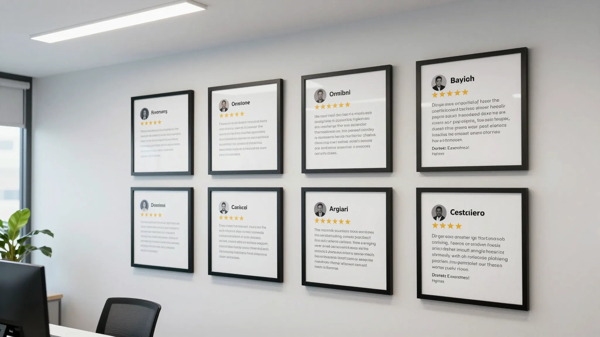 A modern office wall with many framed positive customer revi...