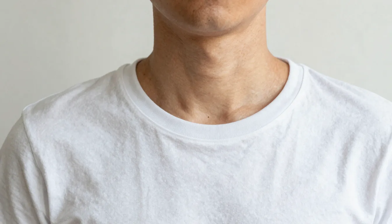Close-up portrait of a person in a clean white t-shirt, smoo...