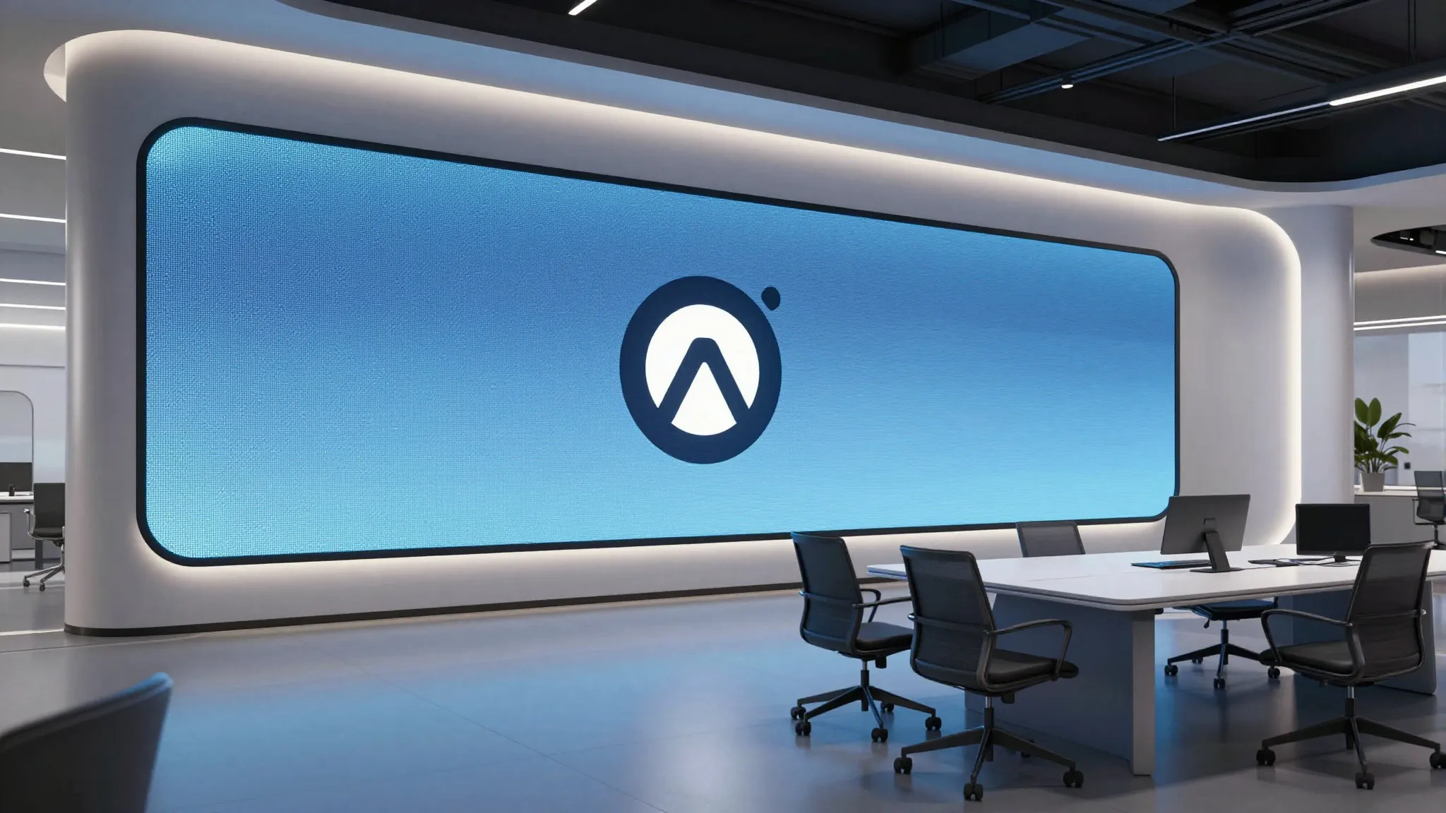 A futuristic office space with a large digital screen showin...