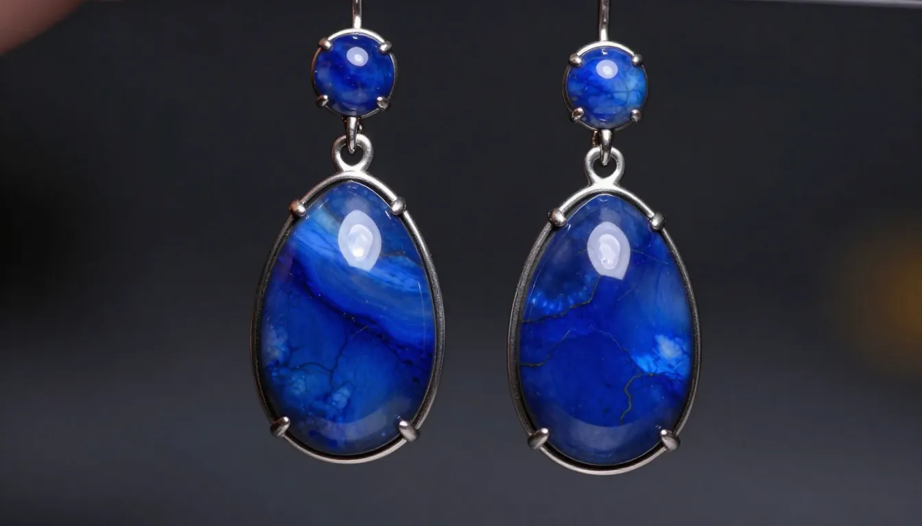 Cinematic close-up of deep blue sodalite earrings, mystical ...