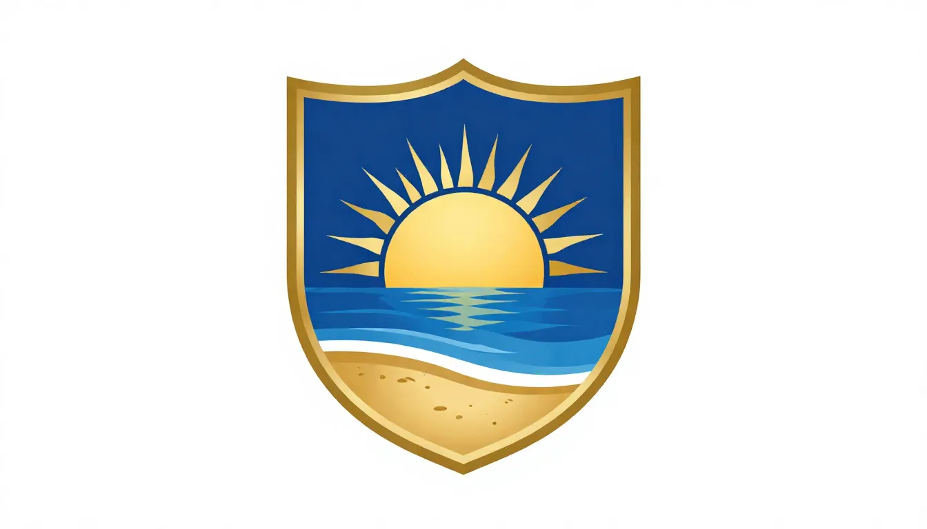 Heraldic emblem logo for a coastal municipality, shield shap...