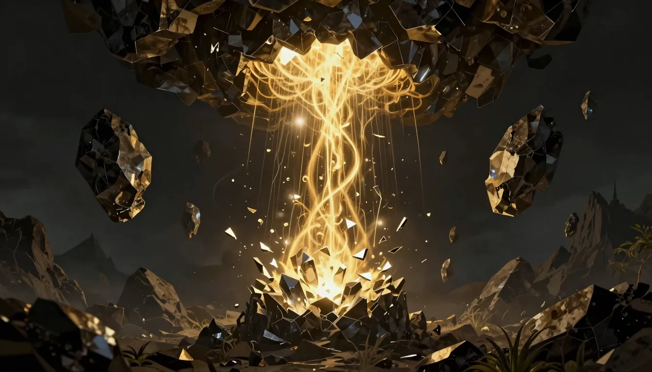 Epic dark fantasy album cover, a shattered crystal throat re...