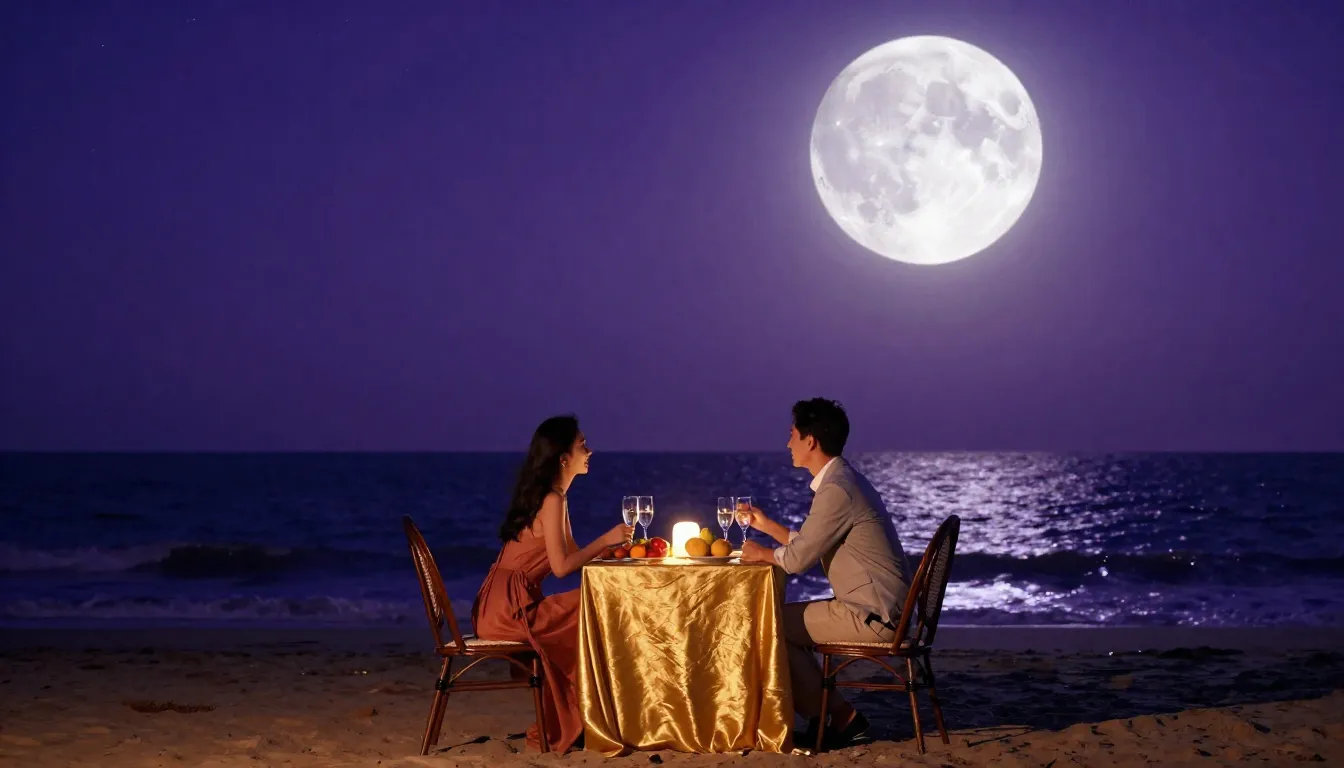 A romantic couple on a night beach, huge white moon, violet ...