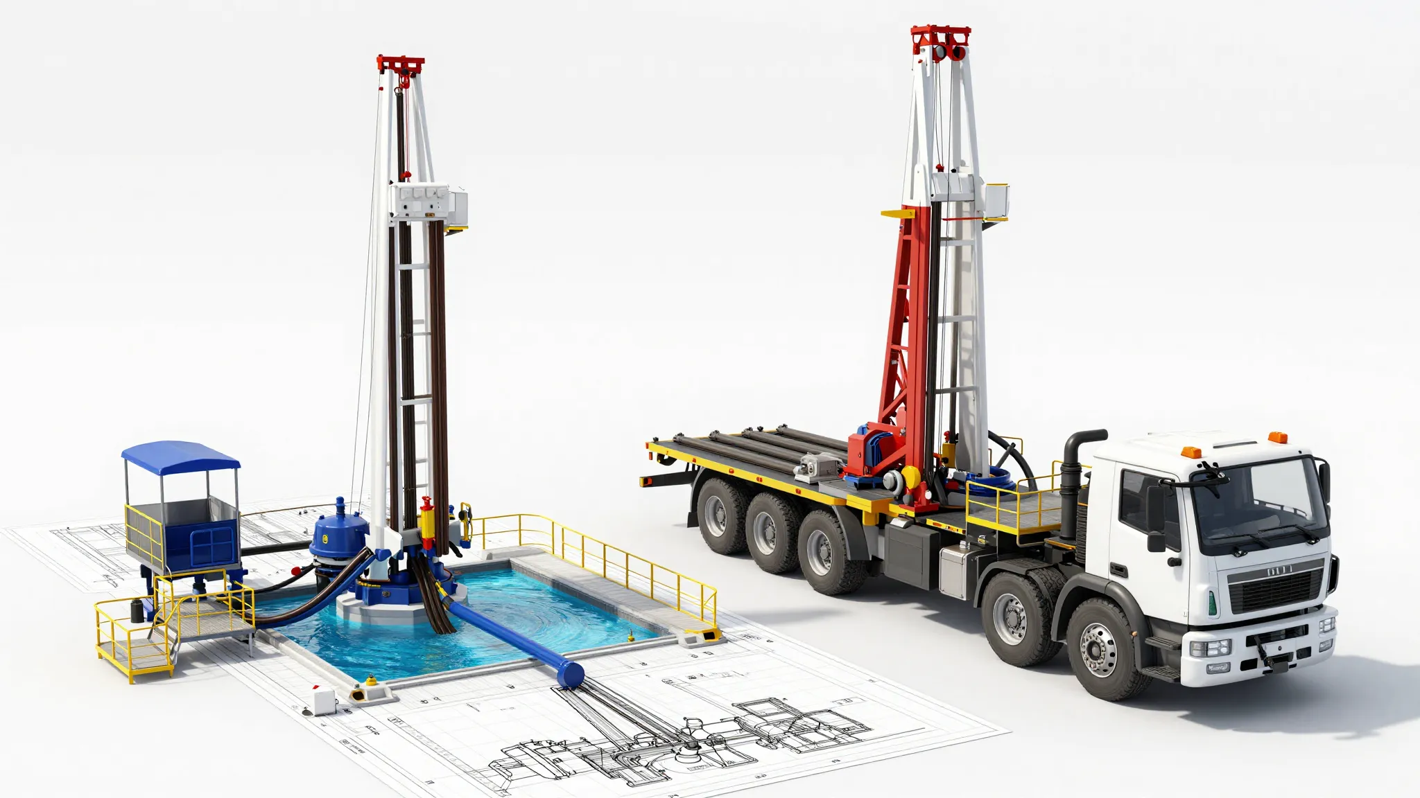 A professional engineering blueprint of a water well system ...