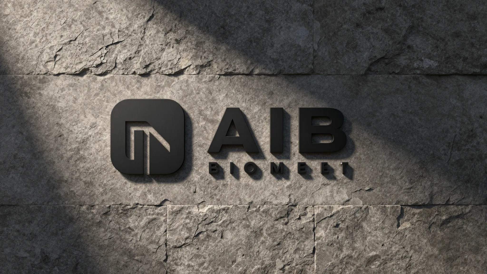 Minimalist logo design on a rough stone wall, modern typogra...