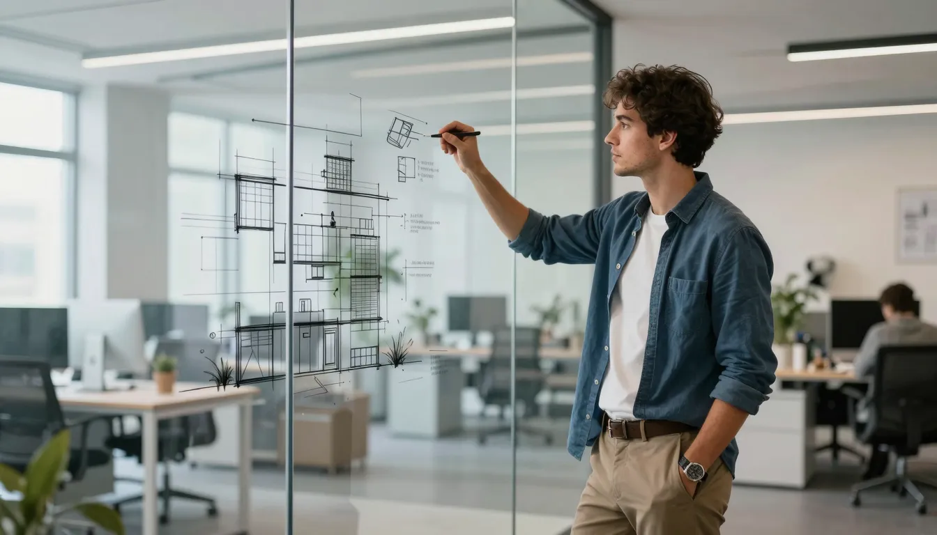 A stylish male architect standing next to a large transparen...