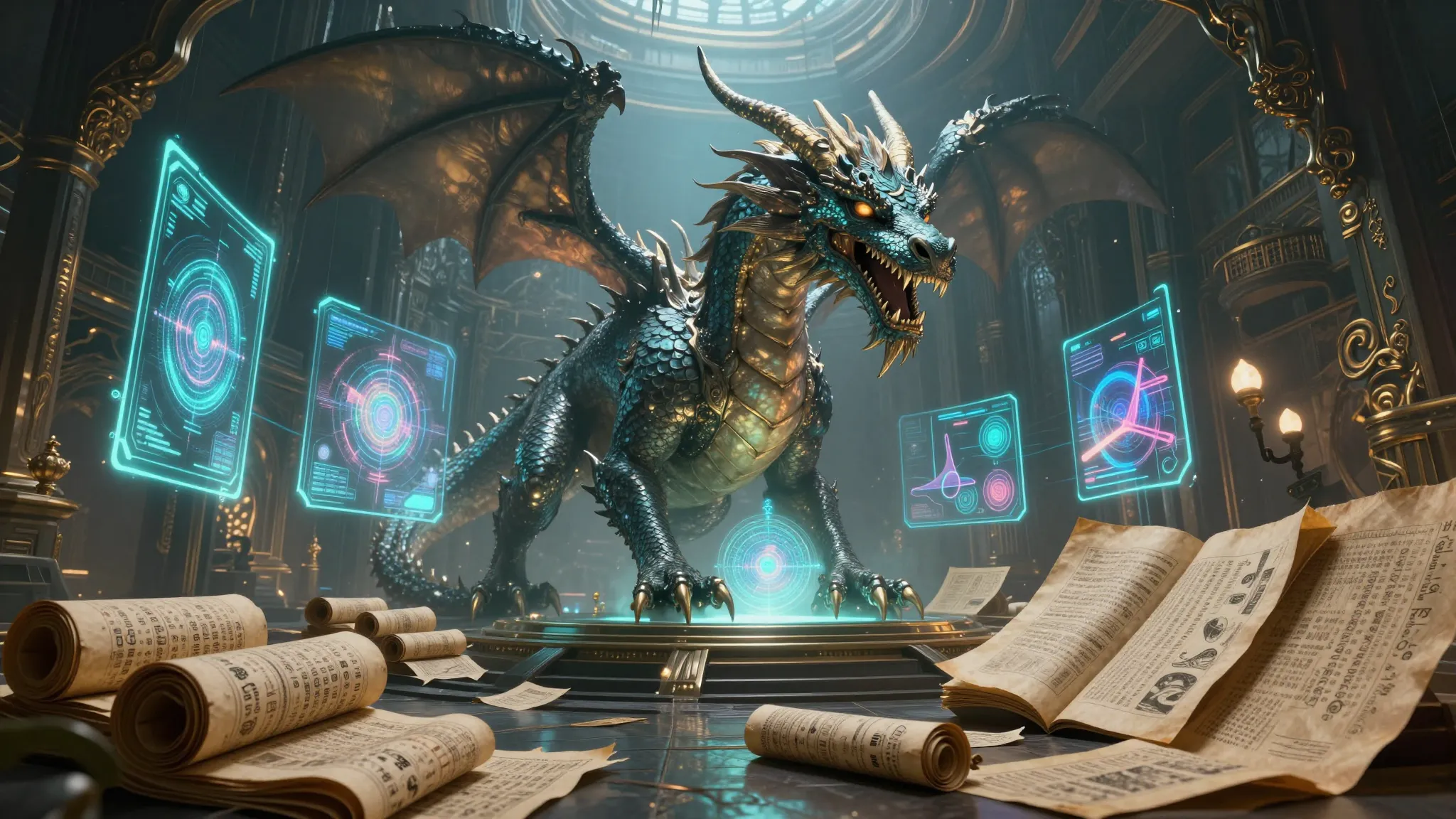 A mystical dragon's lair filled with glowing holographic scr...