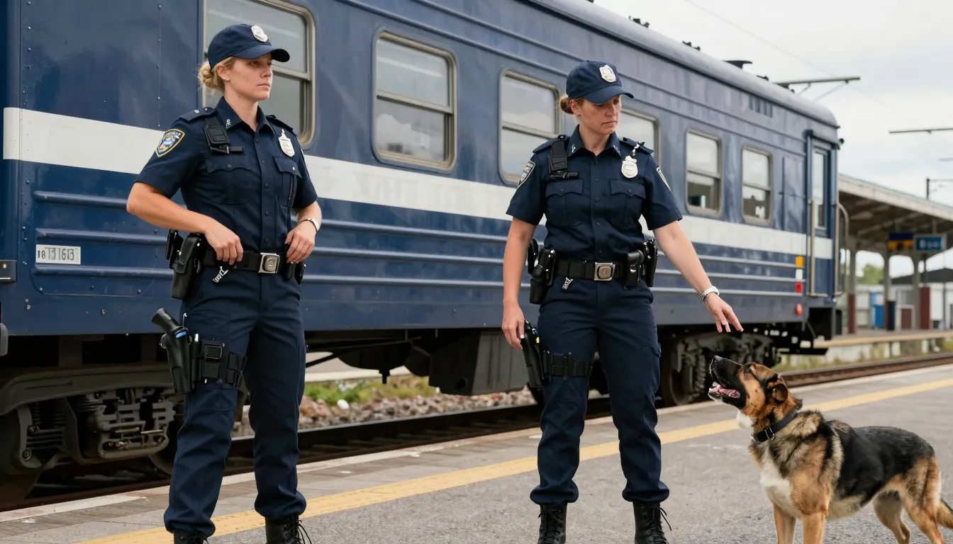 Two female police officers in uniform standing at a railway ...