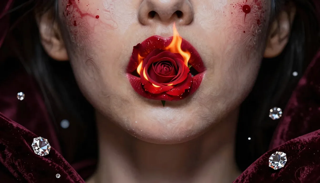 Surreal digital art of a woman with lips made of blooming re...