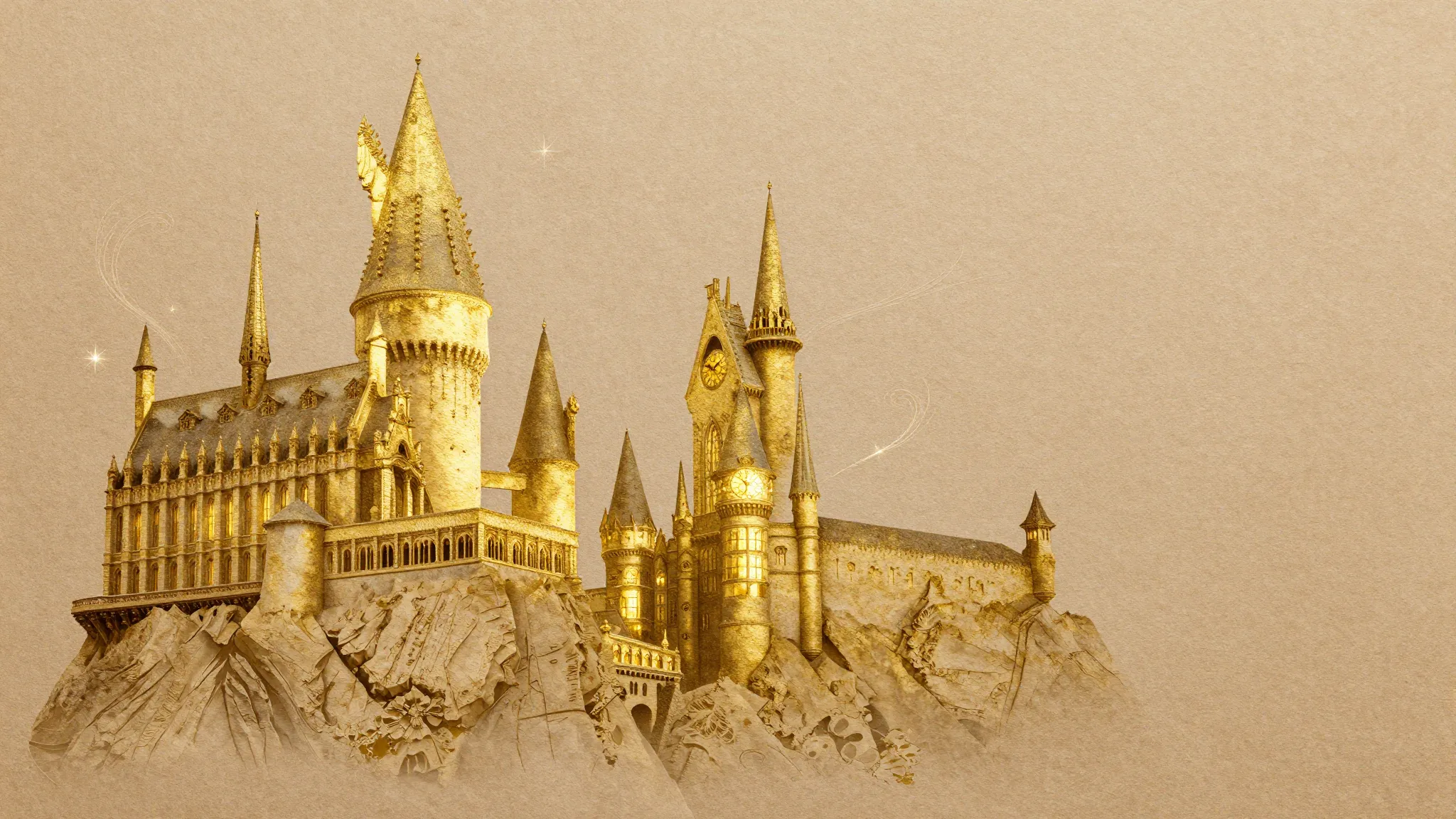 A majestic silhouette of a magical school, rendered entirely...