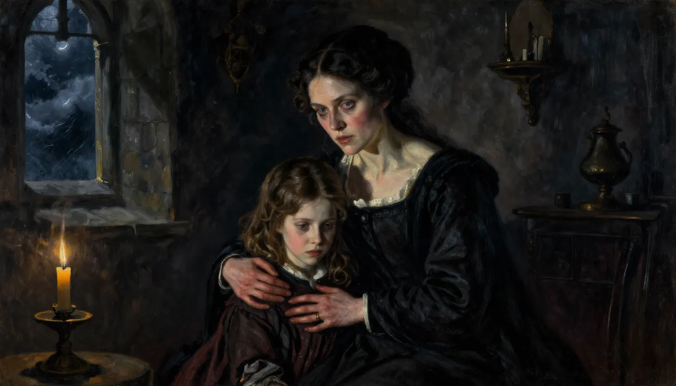 A dark, moody 16th-century castle room, a mother with a haun...