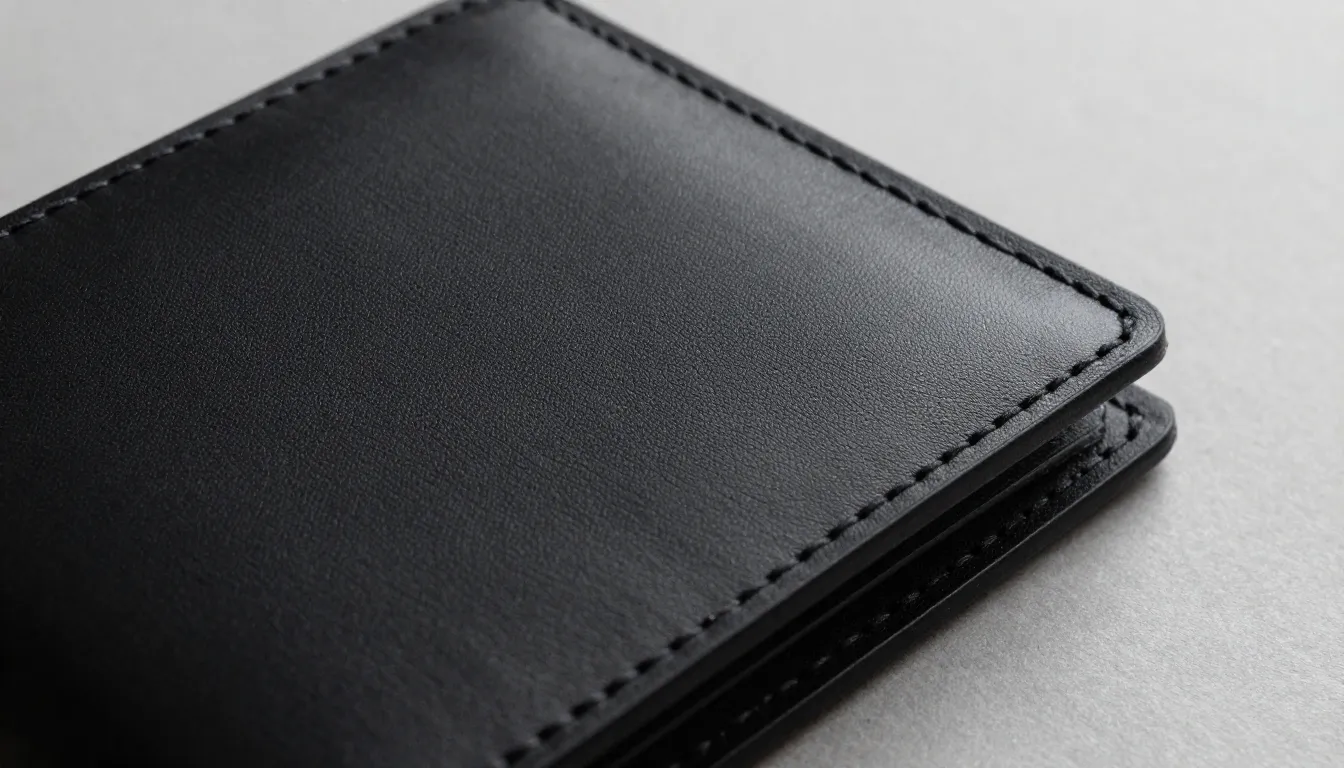 Close-up of a handmade leather wallet, minimalist design, bl...