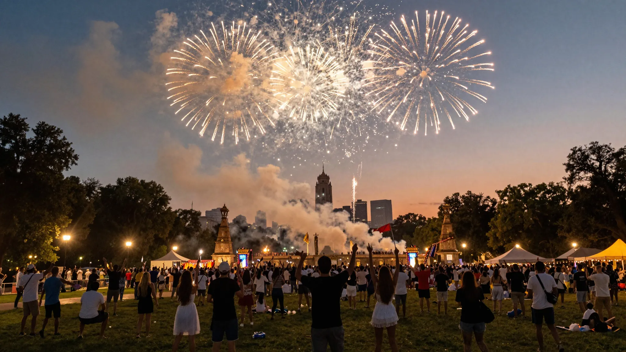 A cinematic shot of a victory festival, fireworks in the eve...