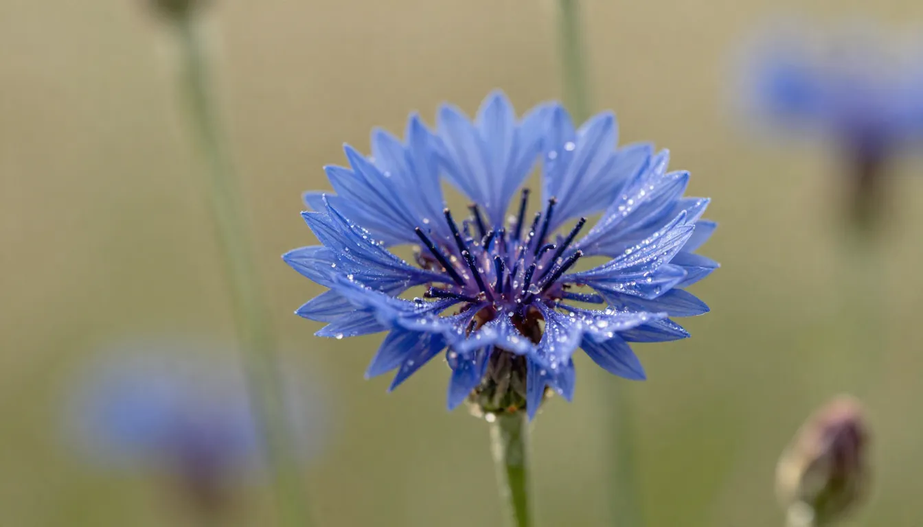 Professional macro photography of a delicate blue cornflower...