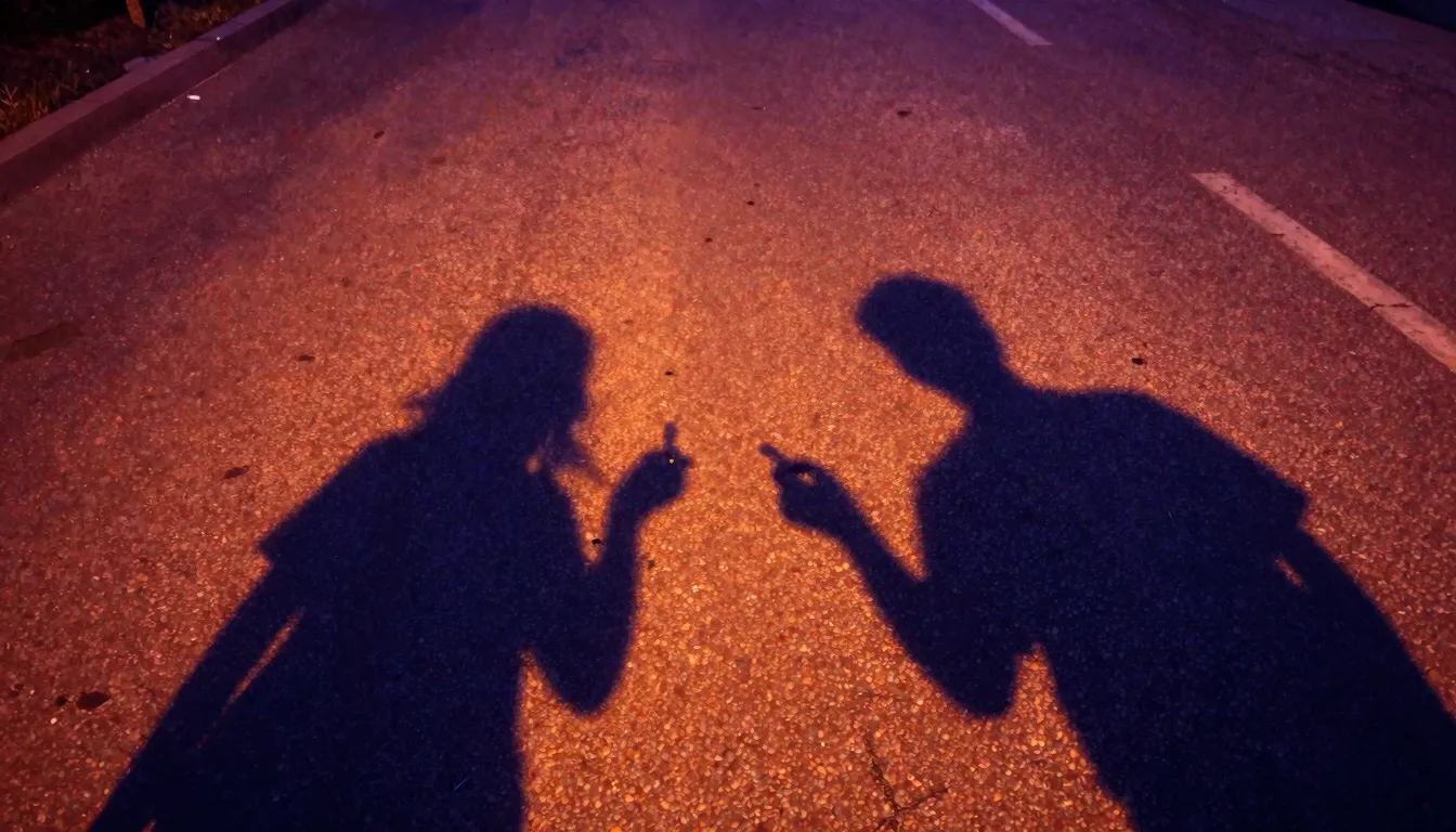 Stylized artistic shot of two shadows on a cracked asphalt r...