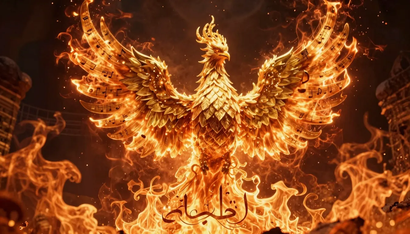 A powerful visual of a golden phoenix rising from intense or...