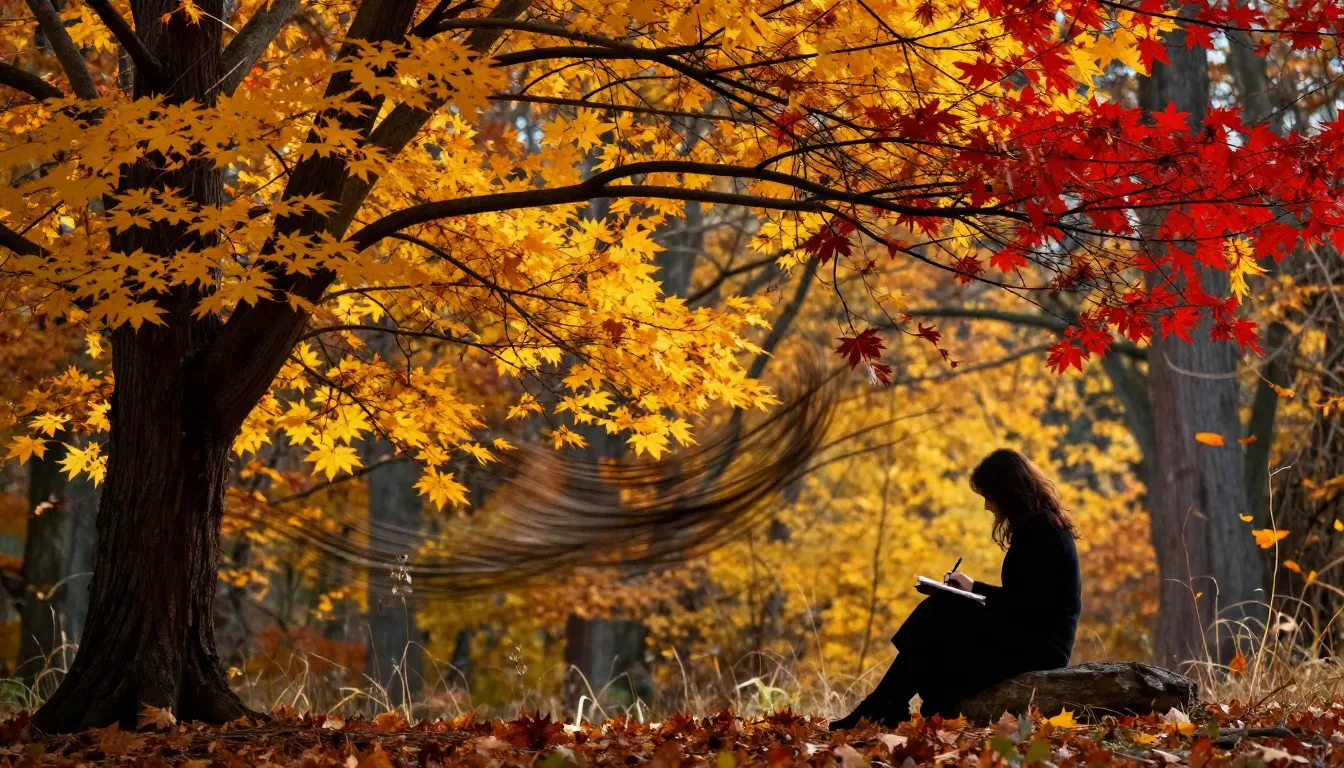 An autumn forest with golden and red leaves. The silhouette ...