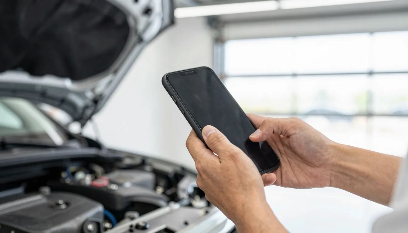 A person holding a car part in one hand and a phone in the o...