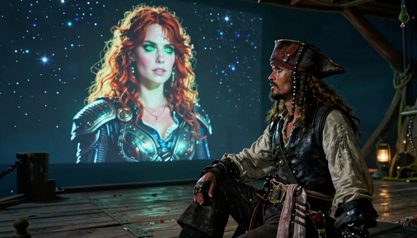A rugged pirate sitting on a wooden deck at night, looking a...