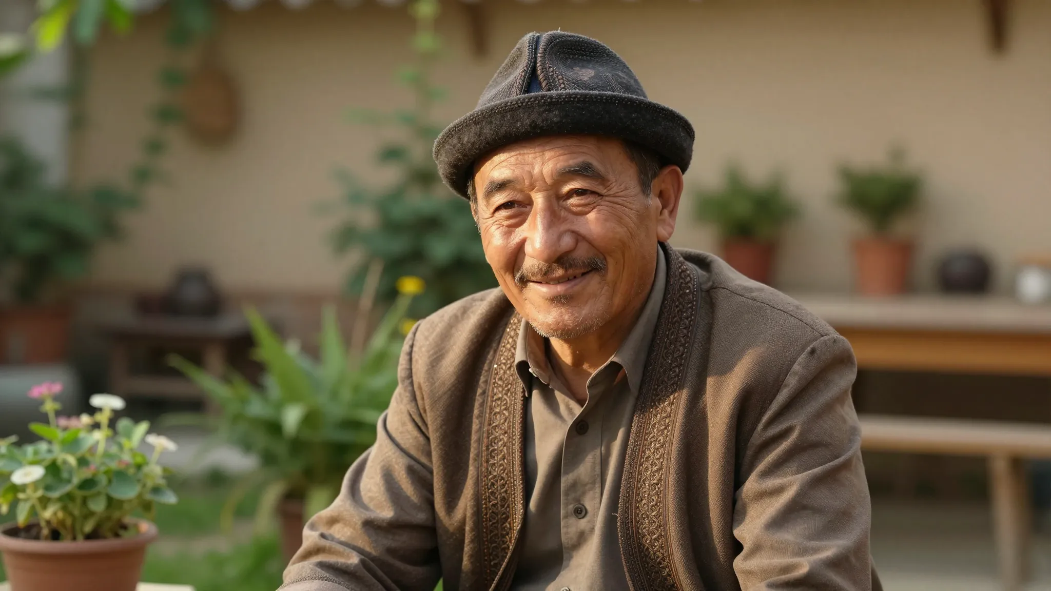A wise and smiling middle-aged Central Asian man in a tradit...