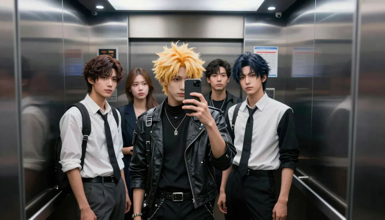 A high-quality mirror selfie inside a modern elevator. A gro...