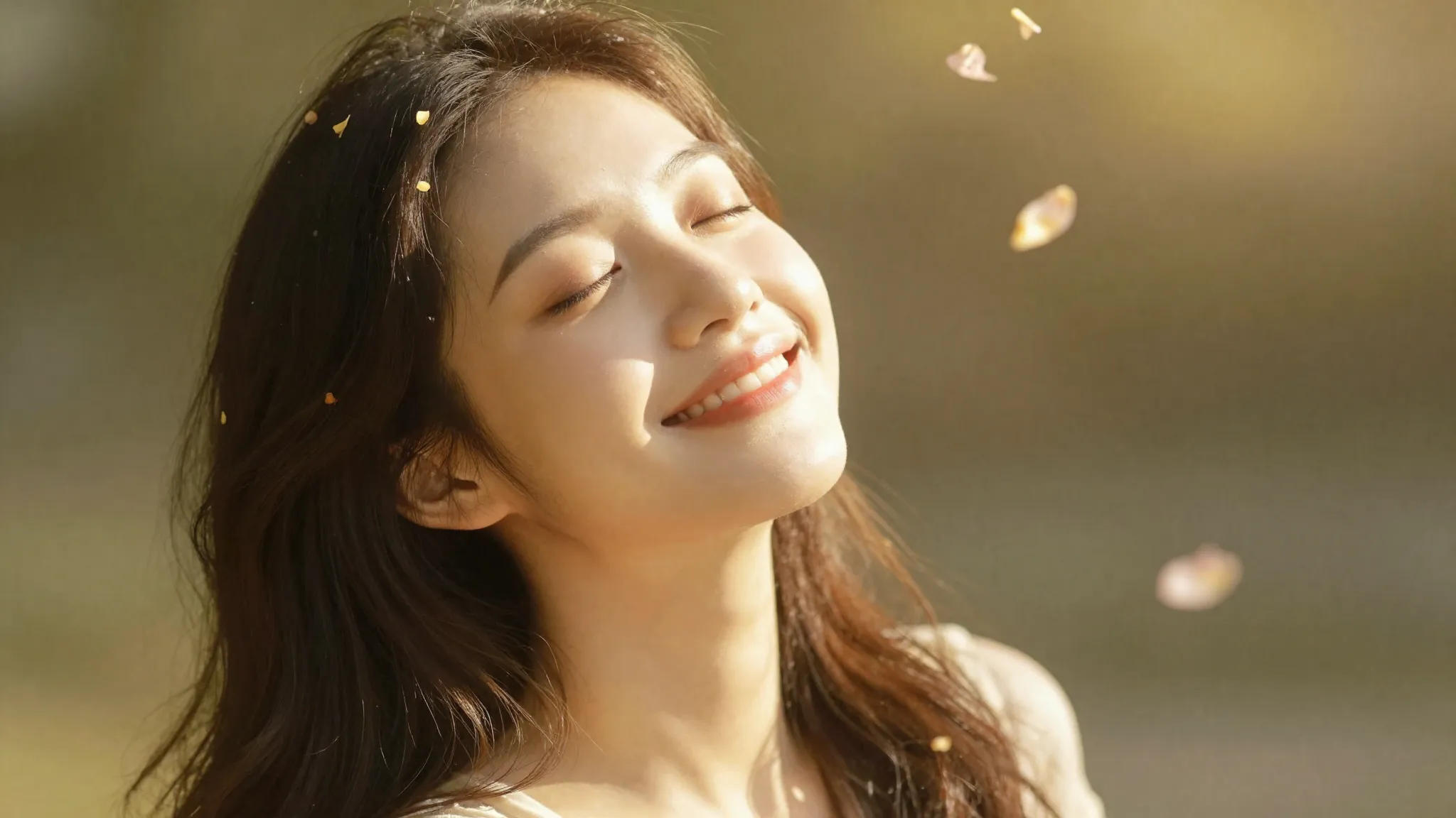 A serene young woman with a gentle smile, eyes closed, surro...