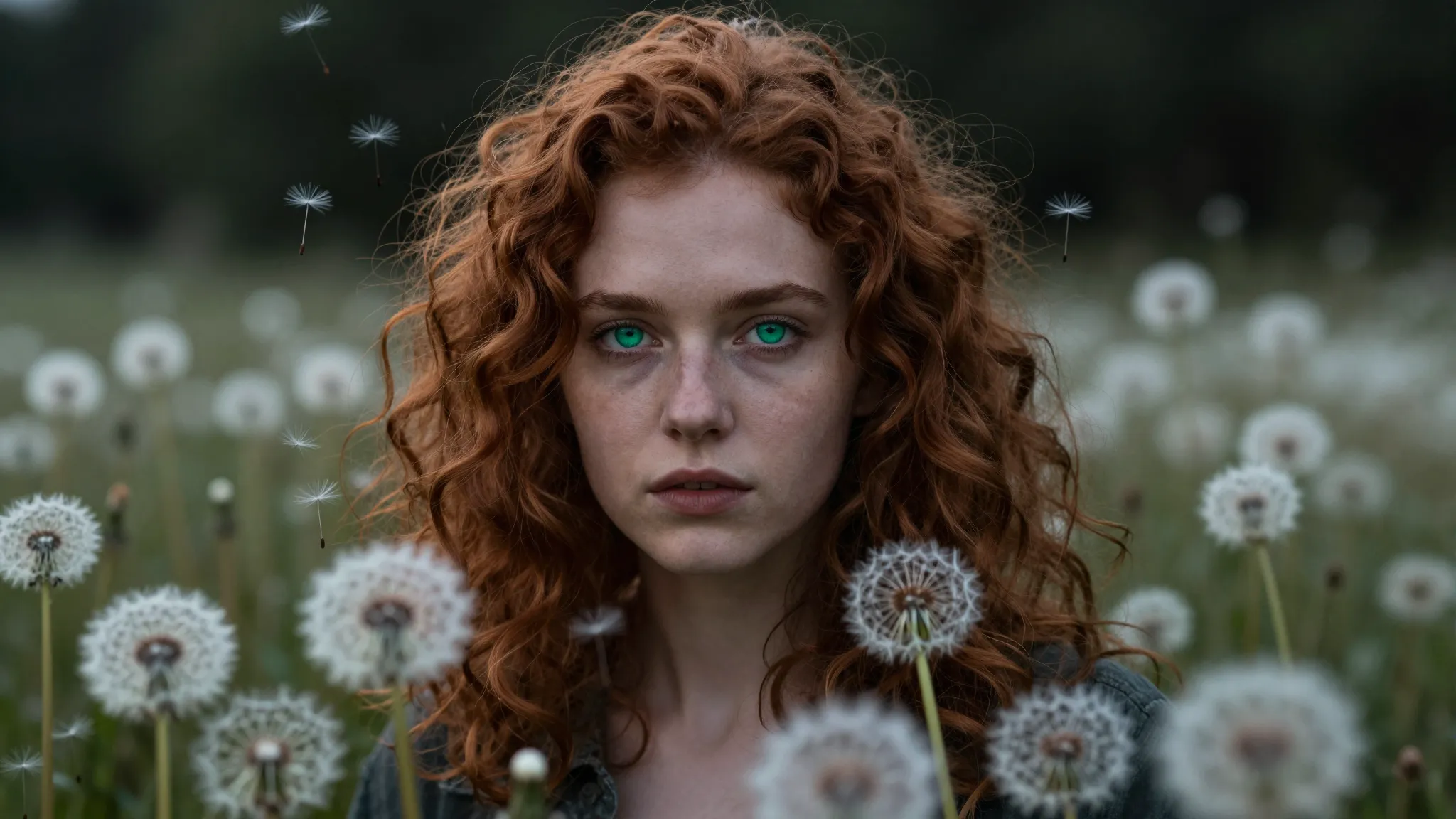 A young woman with auburn curls and vivid emerald eyes in a ...