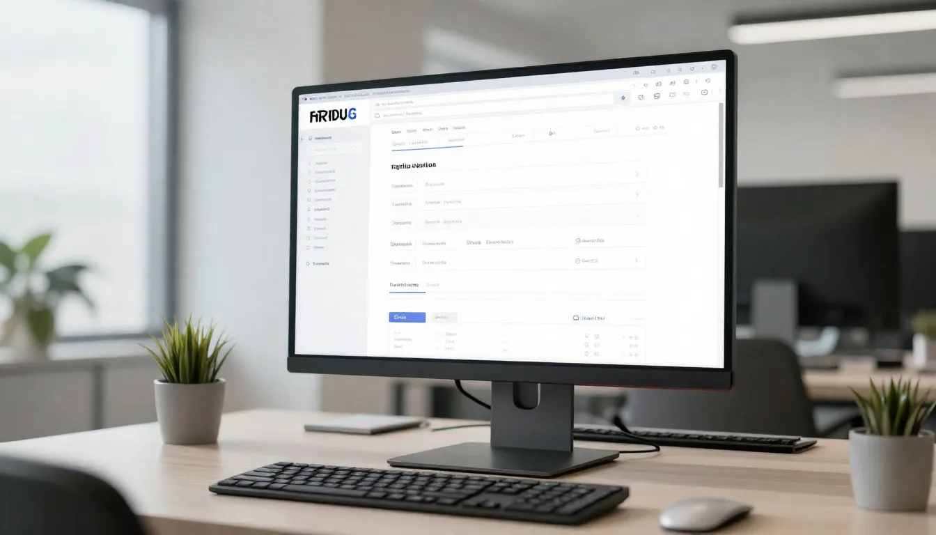 A modern office workspace with a large monitor showing a sop...