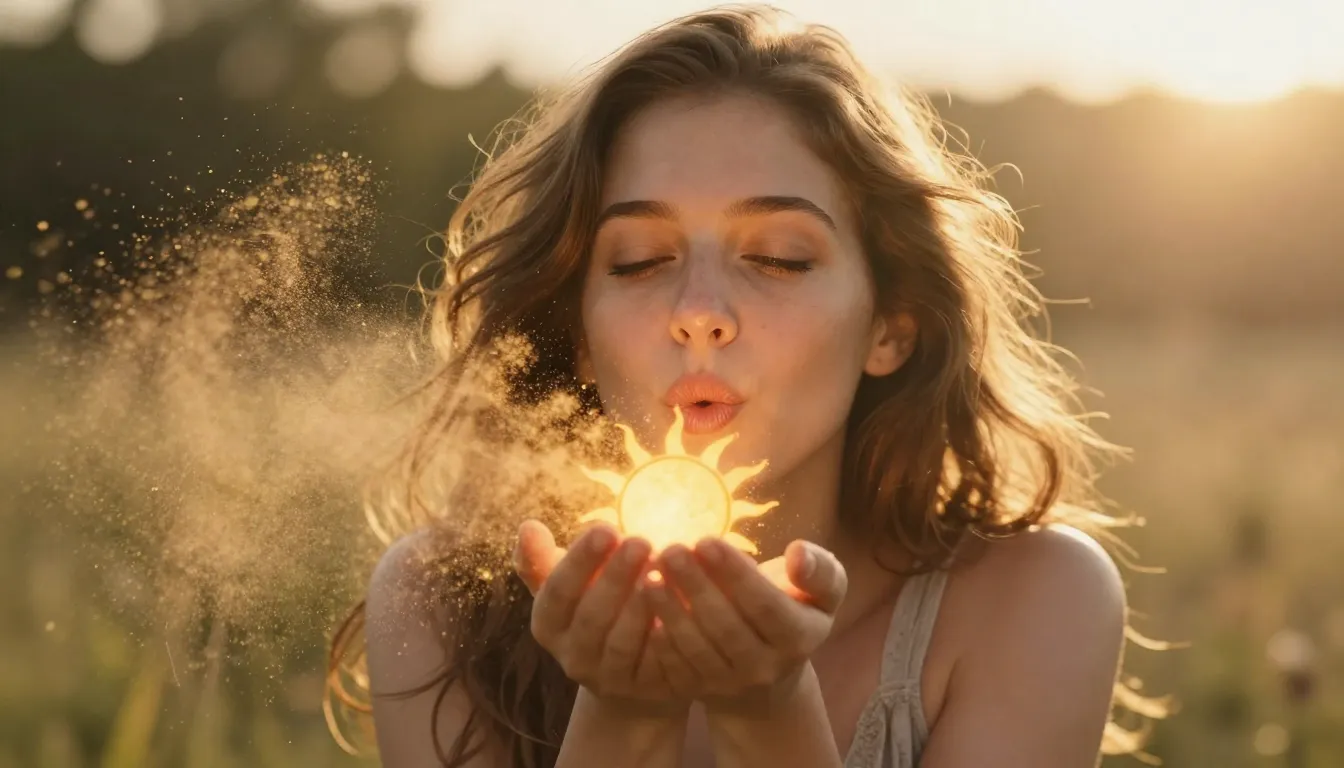 A woman blowing a magical air kiss with golden dust, holding...